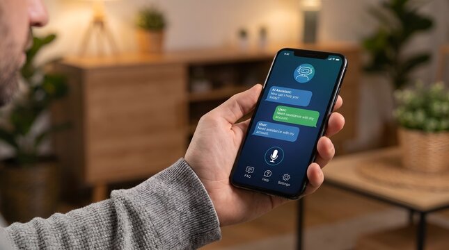 Man holding smart phone using AI chat bot assistant for customer support at home.