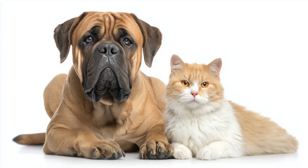 Obraz premium a happy bullmastiff dog and an orange and white cat sitting side by side, isolated on a white background.