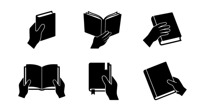 Minimalist hand holding book icon set, black silhouette reading icons, 6 vector elements