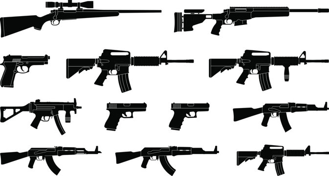 Black silhouettes of various firearms rifles assault weapons and pistols isolated on white background