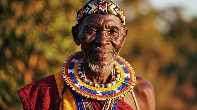Elderly African man in colorful traditional tribal attire.