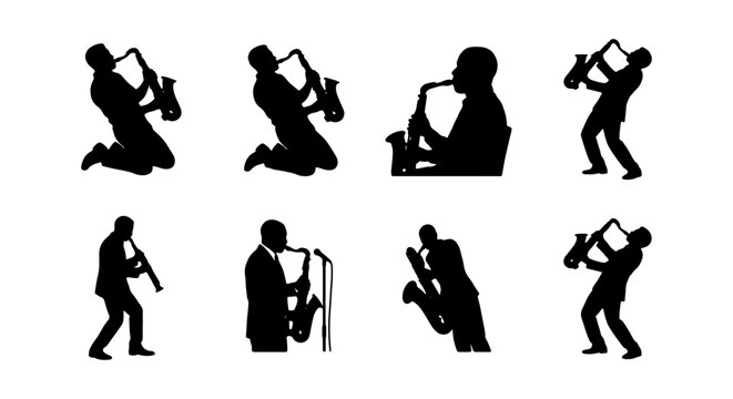 Saxophone player silhouettes, jazz musician vector set, 8 music performer icons
