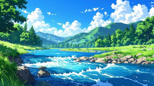 清流が流れる夏の渓谷 アニメ風の幻想的な自然風景 背景動画