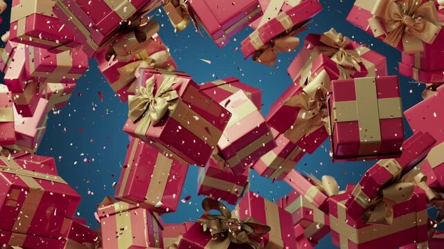 Flying Pink And Gold Gift Boxes Celebration With Confetti Against Bright Blue Sky