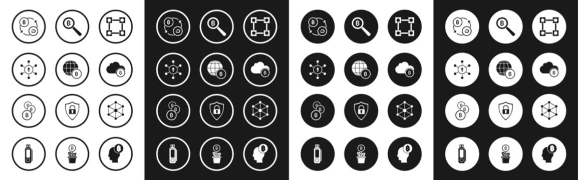 Set Blockchain technology, Globe and cryptocurrency coin Bitcoin, Ethereum ETH, Cryptocurrency exchange, cloud mining, Magnifying glass with, and icon. Vector