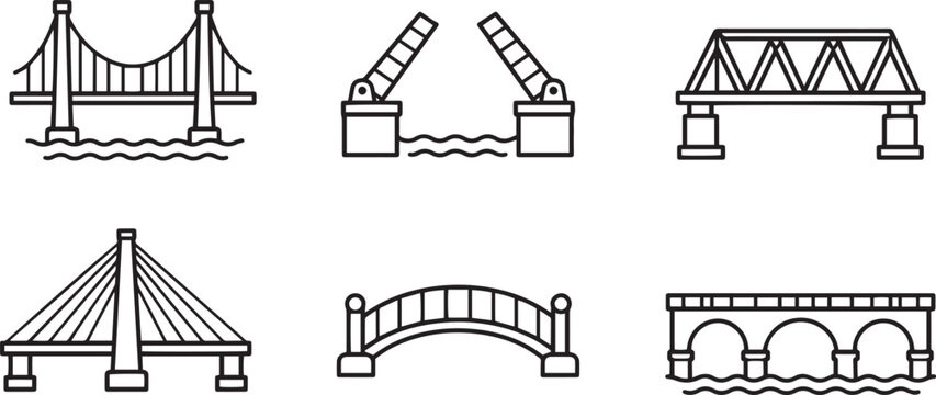 Bridges Modern and Premium Icon Set, Featuring suspension bridge, truss bridge, drawbridge and More, Editable Stroke, Outline Icon Collection