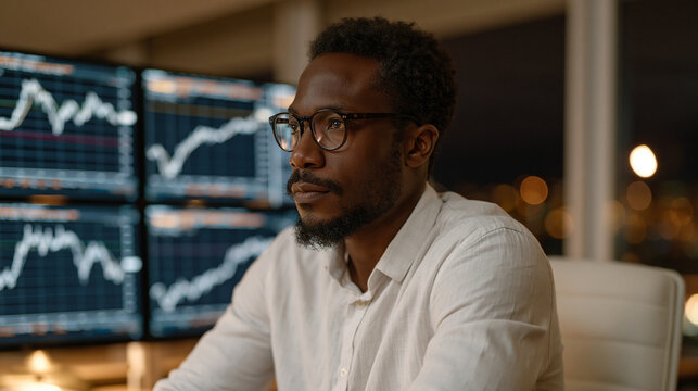 AI algorithmic trading system executing hundreds of simultaneous equity orders shown on multi-screen financial terminal in empty trading floor at night, graph lines spiking