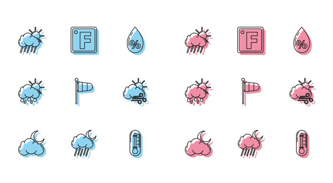 Set line Cloud with moon and stars, rain, sun, Thermometer, Cone meteorology windsock wind vane, Windy weather, and Fahrenheit icon. Vector
