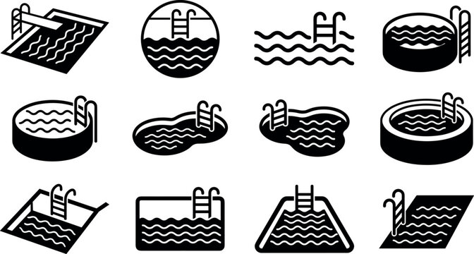Swimming Pool Icon Set Vector Illustration Featuring Solid Black Silhouette Ladders Steps Diving Board and Water Waves Symbols for Summer Resort App Designs