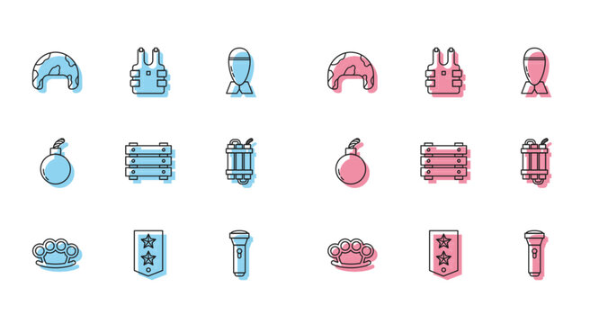 Set line Brass knuckles, Chevron, Military helmet, Flashlight, ammunition box, Detonate dynamite bomb stick, Bomb ready explode and Bulletproof vest for protection from bullets icon. Vector