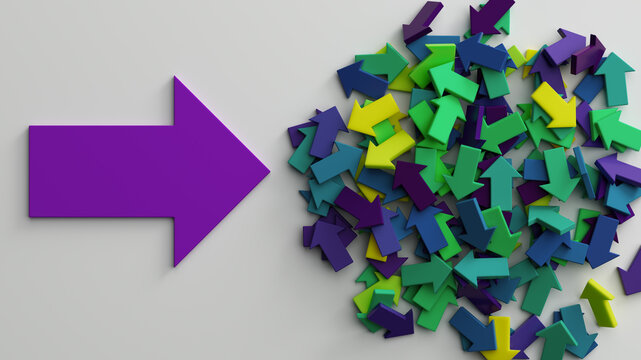 Single Purple Arrow Pointing Right Against Pile Of Multicolored Arrows Symbolizing Direction And Leadership