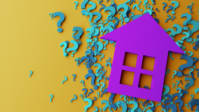 Purple House Icon Surrounded by Question Marks Representing Real Estate Questions and Mortgage Uncertainty