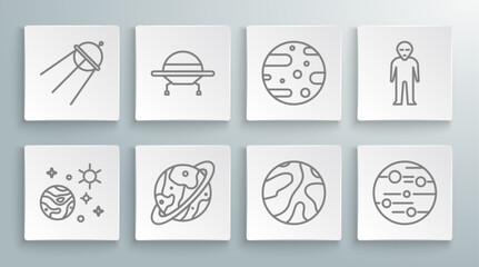 Set line Space and planet, UFO flying spaceship, capsule parachute, Falling stars, Planet Mars, Satellite dish, Alien and icon. Vector © Oksana