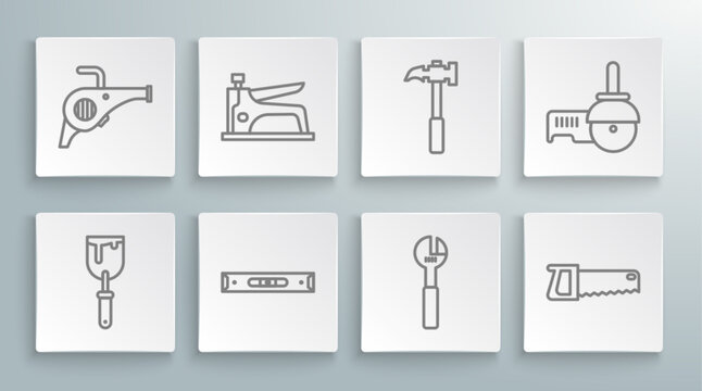 Set line Putty knife, Construction stapler, bubble level, Adjustable wrench, Hand saw, Claw hammer, Angle grinder and Leaf garden blower icon. Vector