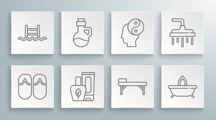 Fototapeta na wymiar Set line Flip flops, Essential oil bottle, Ointment cream tube, Massage table, Aroma candle, Yin Yang, Shower head and Swimming pool with ladder icon. Vector