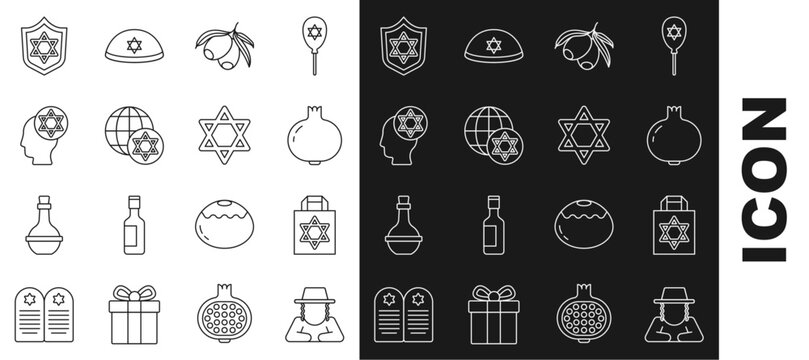 Set line Orthodox jewish hat, Shopping bag with star of david, Pomegranate, Olives branch, World Globe and Israel, Shield Star David and icon. Vector
