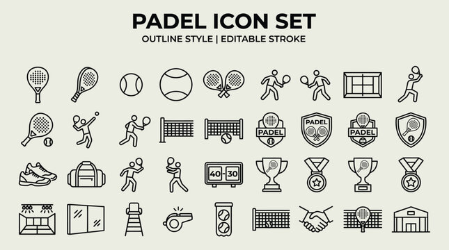 Padel Tennis Icon Set in Outline Style with Editable Stroke