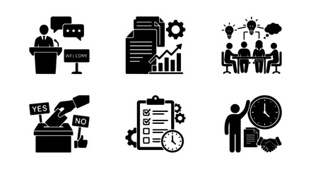 Fototapeta premium Business Icons Set: Meeting, Voting, Planning, Time Management, Strategy, Presentation