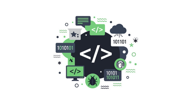 Software Development and Programming Vector Illustration with Coding Symbols, Binary Data, and Bug Fixing Icons on White Background