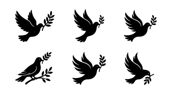 Peace dove vector silhouettes, flying pigeon with olive branch icons, bird set