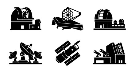 Astronomy and Space Exploration Icons, Observatory Telescopes, Satellite Dishes, Black Vector Set © Shahajan