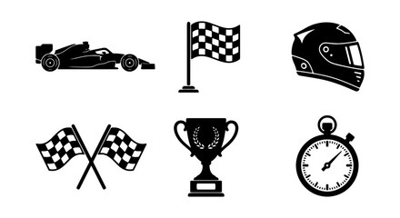 Obraz premium Racing Sport Icons, Formula 1 Race Car, Checkered Flags, Helmet, Trophy, Stopwatch Vector Set