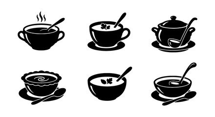Fototapeta premium Soup bowl icons, hot steaming broth, creamy soup, stew, ladle, black vector set