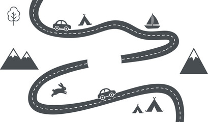 Fototapeta premium Winding Road Map Graphic Vector Illustration with Silhouette Icons of Cars Tents Mountains Boat and Rabbit for Children Activity Board Game Designs