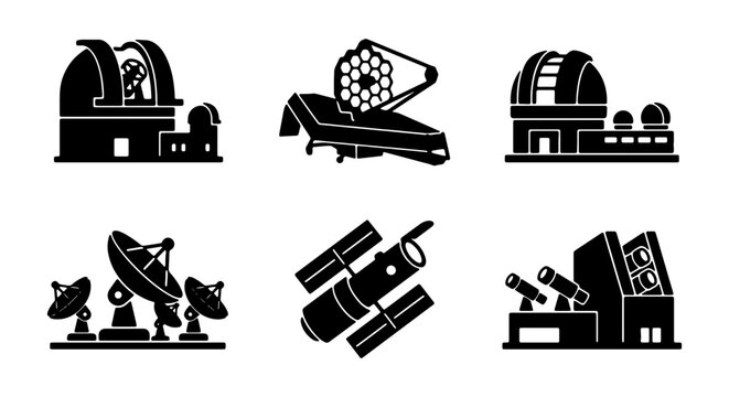 Astronomy and Space Exploration Icons, Observatory Telescopes, Satellite Dishes, Black Vector Set