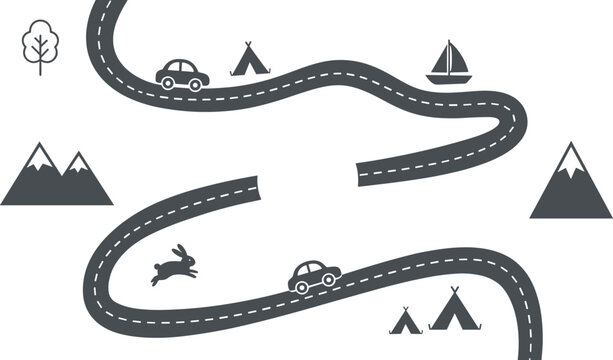 Winding Road Map Graphic Vector Illustration with Silhouette Icons of Cars Tents Mountains Boat and Rabbit for Children Activity Board Game Designs