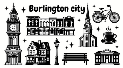 Burlington Vermont American lakeside towns, New England scenery, nature travel, and regional culture themes. Black and white sketch style featuring waterfront, buildings, and landscape elements. © samira