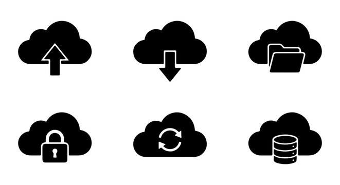 Cloud computing icons, data storage, network synchronization, secure server vector set