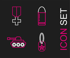 Fototapeta premium Set line Military dog tag, tank, Bullet and reward medal icon. Vector