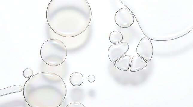 Glasses Magnifying Water Drops Set with Chrome Outlines on Clean White Background for Skincare and Testing Concept