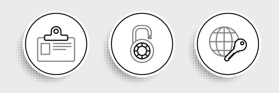 Set line Globe key, Identification badge and Safe combination lock wheel icon. Vector