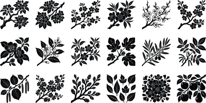 Blooming tree branches and spring flower black silhouette vector icon set for botanical wedding and nature designs