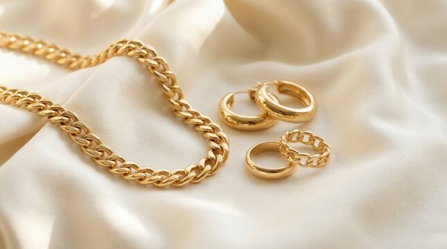 Elegant gold jewellery set displayed on soft white fabric background