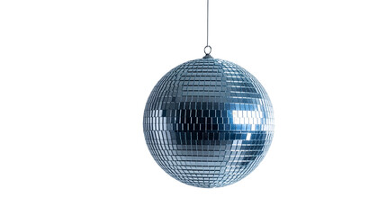 Obraz premium Disco ball reflects light while hanging from a silver chain against a clean white background.