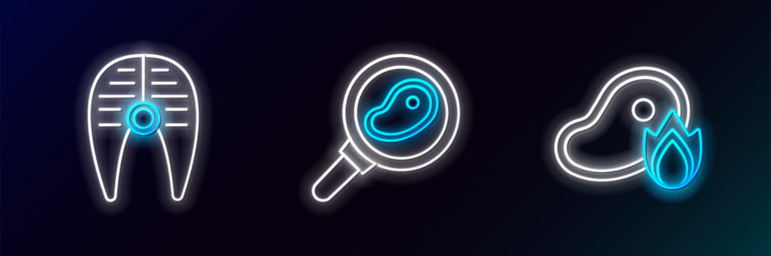 Set line Grilled steak meat and fire flame, Fish and Steak in frying pan icon. Glowing neon. Vector