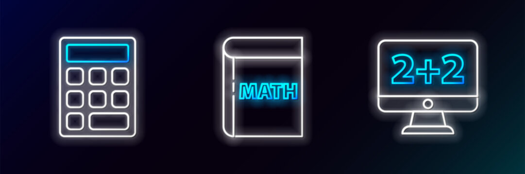 Set line Equation solution, Calculator and Book with word mathematics icon. Glowing neon. Vector