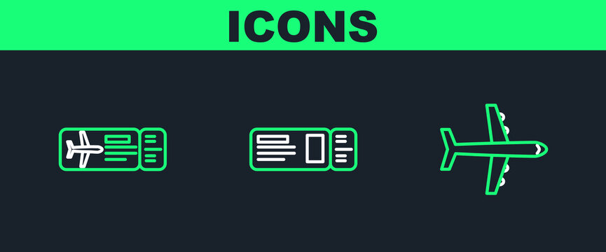 Set line Plane, Airline ticket and Travel icon. Vector
