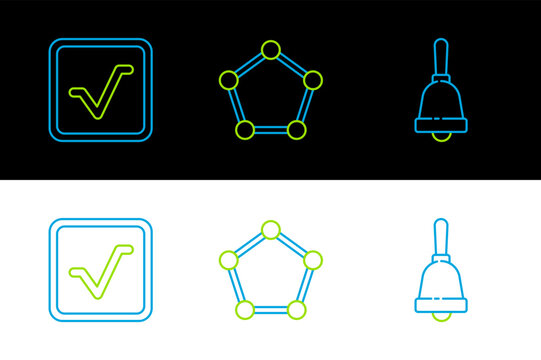 Set line Ringing bell, Square root and Geometric figure Pentagonal prism icon. Vector