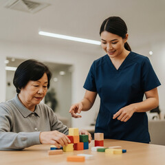 Fototapeta premium Senior Asian woman performing cognitive therapy with colorful wooden blocks while a professional nurse in scrubs assists in a clinical healthcare facility.