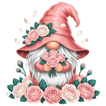 A whimsical gnome is adorned with a large pink hat and surrounded by blooming roses.