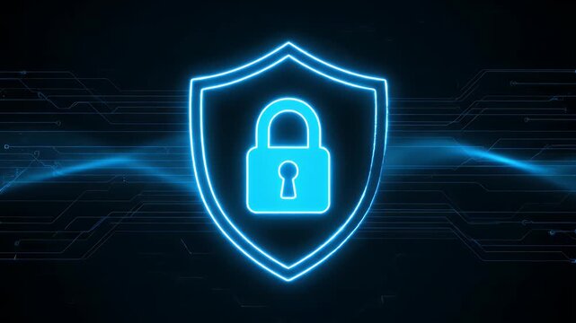 Cyber security shield with a glowing padlock icon on a digital circuit board
