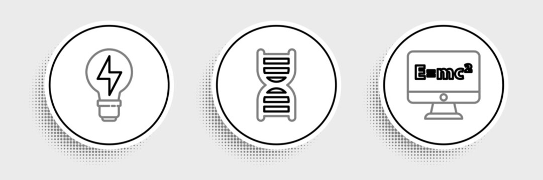 Set line Equation solution, Light bulb with lightning and DNA symbol icon. Vector