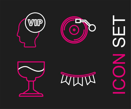Set line Carnival garland with flags, Cocktail, Vinyl player disk and Vip inside head icon. Vector