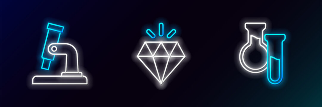 Set line Test tube and flask, Microscope and Diamond icon. Glowing neon. Vector