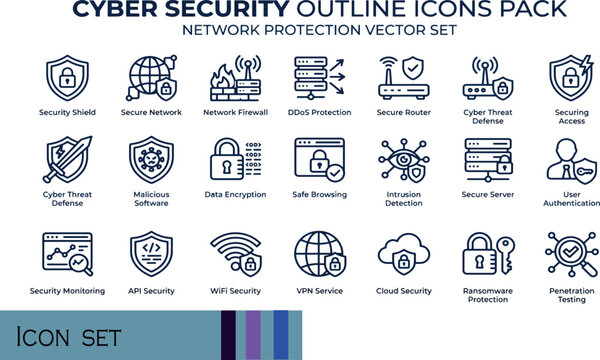 Print Cybersecurity and Network Protection Minimalist Outline Icon Pack