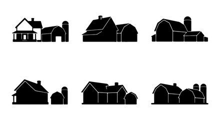 Farmhouse and Barn Silhouettes, Rural Homestead Vector Icons, Agricultural Building Collection © NOVA